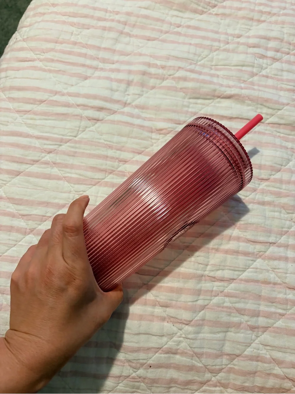 NWT🍓Starbucks Pink Ribbed Tumbler with Strawberry Lid Topper